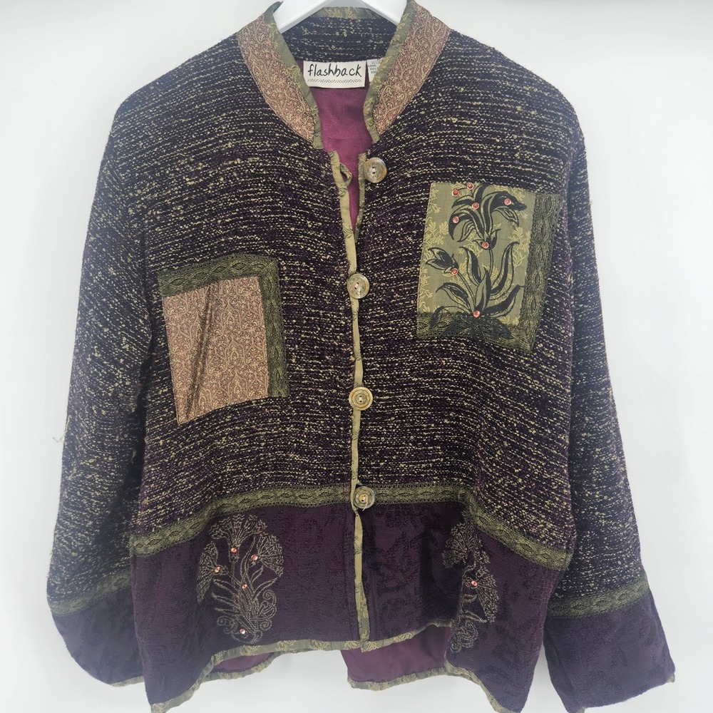 Flashback Womens M Jacket Cotton Rayon Patchwork Floral Sequin Boho Artistic Y2K - Picture 2 of 7